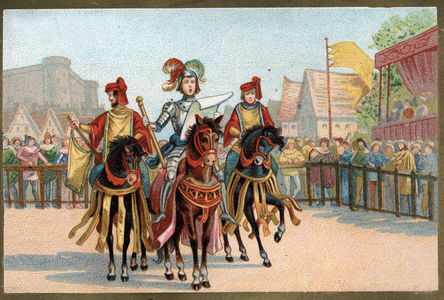 The heraut, officer of the arms office, sent by monarchs or noblemen to convey messages or proclamations, announcing a tournament. End of the 19th century (chromolithograph)