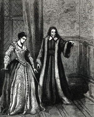 Catherine de Medici, 1519-1589, and her astrologer Nostradamus, 1503-1566 - Portrait of Nostradamus, Michel de Notre Dame (1503-1566) French astrologer and doctor with Catherine de Medicis (Caterina de Medici) (1519 - 1589) Engraving from Les mysteres du grand monde” by Fulgence Girard, 19th century Private Collection
