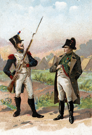 A young soldier stopping Napoleon I on his way 1805. 19th century (chromolithograph)