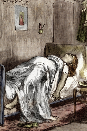 Adele the servant gives birth to her baby in her room Illustration of the novel “Pot-Bouille” by Emile Zola (1840-1902) 1886 (Illustration for the novel Pot Bouille by Emile Zola, 1886) Private collection