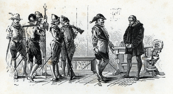 The arrest of Italian philosopher, scientist and Dominican Giordano Bruno (1548-1600) (The arrest of Italian Dominican friar, philosopher, mathematician, astrologer and astronomer Giordano Bruno)”” Engraving from “The Martyrs of Science”” by Gaston Tissandier 1882