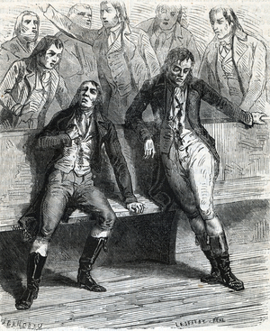 French Revolution: The trial of Gracchus (Francois Noel) Babeuf and Augustin Darthe stabbing themselves as they listen their eath sentence on 26 May 1797 19th century Private Collection