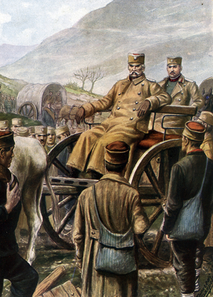 First World War, Serbian campaign: the retreat of the Serbian army towards Durres (Durazzo), among the refugees Peter I of Serbia on an ox tank, Albania, 1915” (Serbian Campaign of World War I: king Peter as a refugee during the retreat towards Albania, 1915) llustration by Tancredi Scarpelli (1866-1937) taken from “” Storia d'Italia”” (History-D' Italy) by Paolo Giudici, 1930 Private Collection
