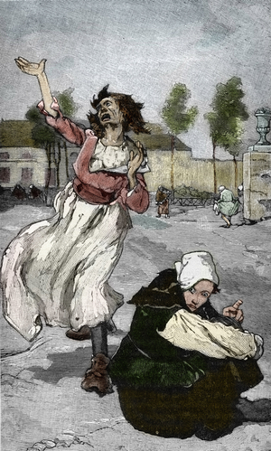 Hysterical women in the courtyard of the parisian hospital of La salpetriere studied by the French neurologist Jean-Martin Charcot (1825-1893), 1885. 19th century (engraving from “Myster-des-sciences-occultes”)