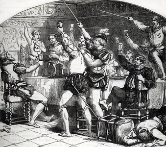 Inauguration of the League of Gueux (Geuzen) (including Guillaume d'Orange, Count of Egmont, Count of Hornes, Henri de Brederode, Louis de Nassau, for some members of the Nobles Compromise), confederation of Dutch nobles leading a religious revolt due to the expansion of Protestantism and political opposition to the King of Spain represented by the regent Marguerite de Parma sits in Brussels 1566 (League of Beggars, confederacy of Calvinist Dutch nobles and other malcontents, who from 1566 opposed Spanish rule in the Netherlands) Engraving from “History of the world” Private collection