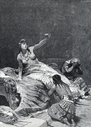 Roman antiquite “” the suicide of Sophonisbe, Queen of Numidia, poisoning herself in 203 BC” (the death of Sophonisba killing herself with poison, 203 BC) Engraving from “Storia di Roma” by Francesco Bertolini