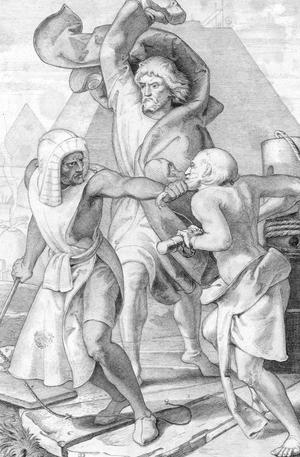 Moses kills an egyptian who was beating a Hebrew Engraving from “Allgemeine Geschichte” by Rotteck 1844