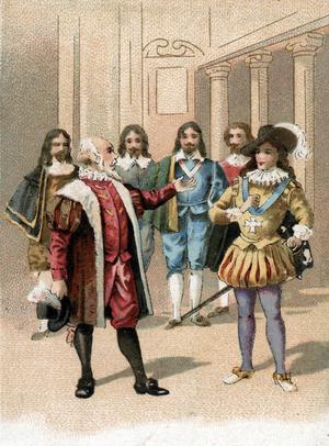 Maximilian of Bethune (1560-1641) Baron of Rosny, Duke of Sully”” talking with the young king Louis XIII (1601-1641) “” When the king your father did me the honor to speak with me on important matters to the prealable he brought out the jesters””” (Maximilian de Bethune, Duke of Sully and young Louis XthoIII 1614) Chromolithol 19th century graph Private collection