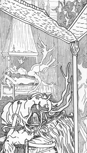 Incubes (angels dechus by lust, become demons and seek to enjoy women when they dream or sleepy) and succubes (feminine demons enjoying men during their sleep) (incubus and succubus) Drawing by Henry de Malvost from “Satanism and Magic” by Jules Bois 1895 Private collection