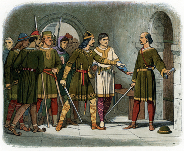 William of Breteuil preventing King Henry (Henry) I (1068-1135) from reaching the royal treasor at Winchester (William de Breteuil defends the treasury, Winchester, Hampshire, 1100 - William, the eldest son of William Fitzosbern, first Earl of Hereford defending William the Conqueror's treasury from Henry Beauclerc, the former King's youngest son) Illustration from “” A Chronicle-of-England”” by James Doyle, 1864 Private collection