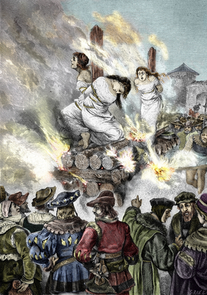 Medieval inquisition: Burning of witches in a french city, 15th century. 19th century (engraving)