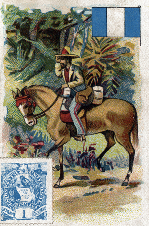 Jobs in the world: a postman, the flag and the stamp of Guatemala Chromo 19th century Private collection