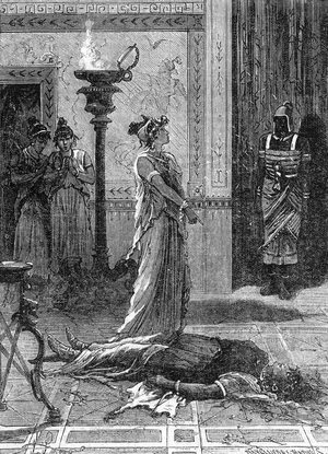 Agrippina the Younger torturing one of her gaulish slave. 19th century (engraving)