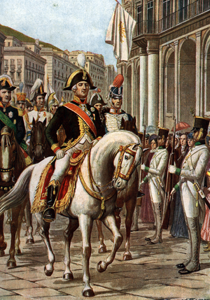 King Ferdinand I of the Two Sicilies returning to Naples, January 1801 after the end of french occupation and parthenopaean republic Illustration by Tancredi Scarpelli (1866-1937) “” Storia d'Italia”” (History-D Italy) by Paolo Giudici, 1930 Private Collection