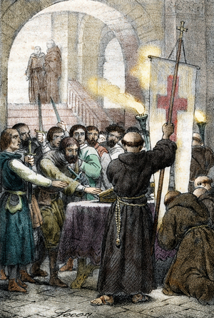 The Oath of Pontida Ceremony of Alliance on 07/04/1167 between the communes of Lombardy against the Holy Roman Empire of Frederic Barberousse - It is at the origin of the Lega Lombarda (League of North) (Oath of Pontida, April 7, 1167 marking the foundation of the Lombard League, which nine years later would go on to defeat Emperor Frederick I Barbarossa at the Battle of Legnano) Engraving from “I misteri del vaticano” by Franco Mistrali 1861 Private collection