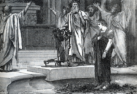 Conquete Egypt by Alexander the Great who goes to the temple of Amon to meet the oracle that legitimizes his power, Sia 331 BC (Alexander the great and the oracle of Amun (ammon) in the temple of amun-ra in Siwa, Egypt 331 BC) Engraving from “History of the world” by Ridpath 1885 Private collection