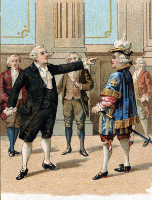 June 23, 1789: session of deputies assembly chaired by French king Louis XVI clash between Mirabeau and Dreux-Breze after Third Estate proclaim itself as National Assembly and just before the outburst of French revolution. 19th century (chromolithograph)