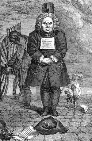Portrait of a french forger Emmanuel Jean de la coste condemned to pillory, 1760 (engraving)