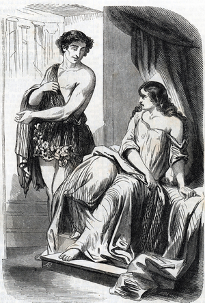 Roman aristocrat Francesco Cenci inviting his daughter Beatrice Cenci (1577-1599) to participate in an evening of debate with him (young Roman noblewoman Beatrice Cenci and her father count Francesco Cenci who abuses her) Engraving from “” Crimes Celebres”” by Alexandre Dumas 19th century