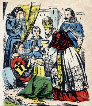 The death of King Saint Louis (Louis IX, 1214-1270) in Tunisia during the Second Crusade. Epinal picture 19th century (engraving)