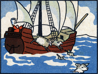 French phrase: the legend of Panurge's sheep throwing themselves into the sea, chromolithograph of the beginning of the 20th century