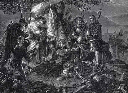 LA mort du reformer suisse Ulrich Zwingli (1484-1531) a Kappel am Albi, Suisse (Death of the leader of reformation Huldrych Zwingli in Kappel, 1531) Engraving from History of the world” by Ridpath 1885 Private collection