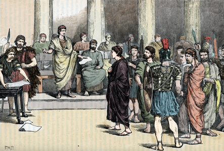 Catilina conspiracy: Ciceron denounces the conspirator Catilina (Lucius Sergius Catilina) (108-62 BC) on November 8, 63 BC, Senate, Rome (Second Catilinarian conspiracy: Cicero Denouncing Catiline, Catiline conspiracy, was a plot, devised by the Roman senator Catiline, with the help of a group of a fellow aristocrats and disaffected veterans, to overthrow the Roman Republic) Engraving from “History of the world” by Ridpath 1885 Private collection