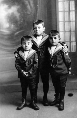 Three little boys dressed as sailors, 1910 (b/w photo)