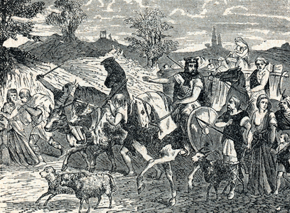 The invasion of the Goths of Radagaise (died 406) in 406 AD (Gothic king Radagaisus and his army leading an invasion of Roman Italy in late 405 and the first half of 406) Engraving from “Roman History” by JA Bernard 1902 Private collection