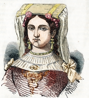 Portrait of the Roman noble Marozie Iere (Mariuccia, Mariozza or Marousie of Tusculum) (ca. 890-932/937), daughter of Theophylacte and Theodora I the Ancient (Marozia Roman noblewoman who was the alleged mistress of Pope Sergius III) drawing from “I misteri del vaticano” by Franco Mistrali Collection 1843 privately