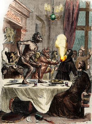 Catholic priests, monks, nuns during a feast interrupted by devils punishing them for their sins (Catholic priest, monks, nuns during a feast interrupted by devils punishing them for their sins)