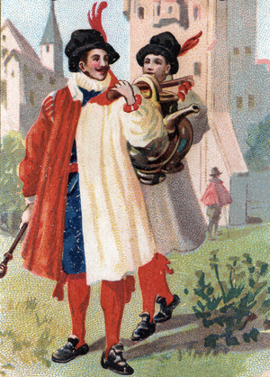 Manservants of the ammeister, alderman of the city of Strasburg, Alsace, end of the 16th century. End of the 19th century (chromolithograph)