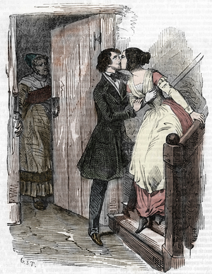 Eugenie Grandet exchanging a kiss with his cousin Charles Grandet (Eugenie Grandet kisses her cousin Charles) Illustration from “Eugenie Grandet”” by Honore de Balzac (1799-1850) 1874 Private collection at