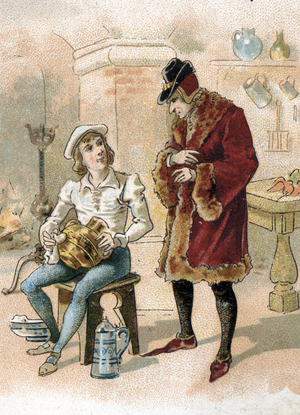 King Louis XI (1423-1483) meets a small pot that does not recognize him in the kitchen of the chateau of Plessis-les-Tours in 1470 (Meeting between king of France Louis XI and a kitchen boy ho doesn't recognize him, 1470) Chromolithograph 19th century Private collection