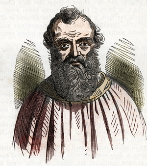 Portrait of the Italian philosopher Boece (Boezio, Boetius) (475-520) drawing from “I misteri del vaticano” by Franco Mistrali 1843