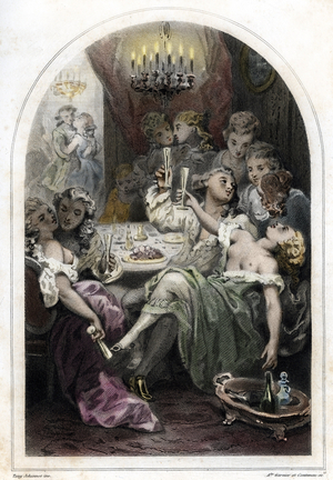 An orgiastic dinner at the time of the Regency, 19th century (engraving)