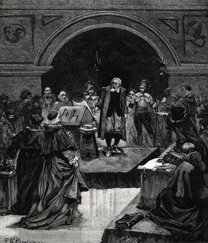Galilee and the Inquisition: “” E pure so muove! “” (And yet it moves is a phrase said to have been uttered before the Inquisition by the Italian mathematician, physicist and philosopher Galileo (And yet it moves is a phrase said to have been uttered before the Inquisition by the Italian mathematician, physicist and philosopher Galileo Galilei (1564<ETH>1642) in 1633 after being forced to recant that the earth moves around the sun) Engraving from “” Les pritres et les monines a travers les ages”” by Hippolite Magen, 1857 Private collection
