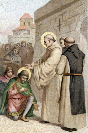 Life of St Bernard of Clairvaux (1090-1153), promoter of the Cistercian order: St Bernard on his arrival at the citeaux abbey in 1112”. 19th century (chromolithograph)