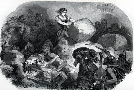 Siege of Eger (Agria) in Hungary by the Ottomans, 1552 - Under the command of Captain Istvan Dobo, about 2,000 Hungarians, including women and children, reportedly resisted the Ottoman army (Siege of Eger occurred during the 16th century Ottoman Wars in Europe: In 1552 the forces of the Ottoman Empire led by Kara Ahmed Pasha laid siege on the Castle of the Castle of Eger, located in the northern part of the Kingdom of Hungary, but the defenders led by Istvan Dobo repelled the attacks and defended the castle) engraving from “” La Hungary historique”” 1851