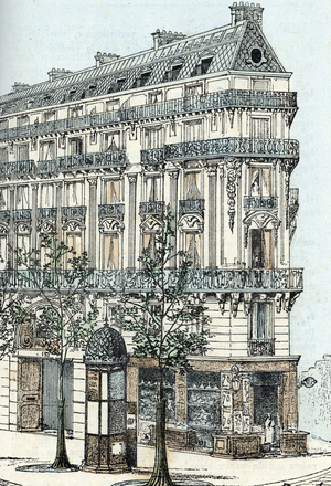 View of a Parisian Haussmann building in Paris Engraving from “The Needs of Life” by Rengade, 1887 Collection privee