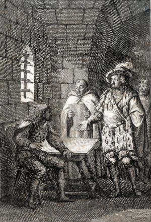 Treat of Trausnitz: Roman Emperor Louis IV of the Holy Empire reconciled with Frederic the Bel (1286-1330) in 1325 to make an agreement 13/03/1325 (Emperor Louis IV renewed the old friendship with Frederick I of Austria, and they agreed to rule the Empire jointly, march 1325) Engraving by Johann Michael Mettenleiter (1765-1853) 1800 Collection privee