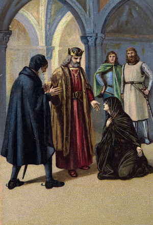 Representation of Chimene asking the king to avenge his father Illustration of Scene 8 of Act II of "Le Cid" by Pierre Corneille (1606 - 1684) . 19th century (chromolithograph)