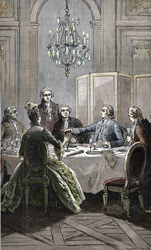 The prophecy of french writer Jacques Cazotte prophesying the most minute events of the French Revolution during a society dinner, 1788 Engraving 19th century Private collection
