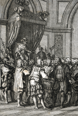 Representation of William I (or William II, Count of Holland) (1227-1256) in 1255 (Count Willem II of Holland Granting Privileges) Engraving by Johann Michael Mettenleiter (1765-1853) 1800 Private Collection