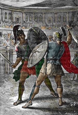 Roman Antiquite: “The Emperor Commodus (161-192) takes pleasure in descending into the arena to fight the gladiators, around 190”” (Ancient rome: roman emperor Commodus who had a passion for gladiatorial combat, takes to the arena himself, dressed as a gladiator, 190 AD) Engraving from “The Roman Imperatrices” 1888 Private collection
