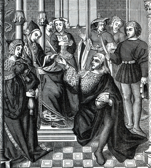 Queen Fredegonde (545-597) gives orders to murder Merovingian king Sigebert I (print)