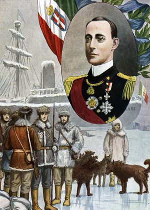 The polar expedition of Louis Amedee of Savoy, Duke of Abruzzi (1873-1933) prince, mountaineer, sailor and Italian polar explorer in 1899-1900 (Prince Luigi Amedeo, Duke of the Abruzzi Italian mountaineer and explorer during his Arctic explorations, 1899-1900) Illustration of Tancredi Scarpelli (1866-1937) taken from “”” (History of Italy) by Paolo Giudici, 1930 Private Collection