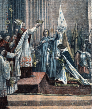 Joan of Arc takes part in the coronation ceremony of Charles VII in Reims on 17 July 1429. (King Charles VII (1403-1461) receives the crown in the Cathedrale of Reims on 17/07/1429 in the presence of Joan of Arc (1412-1431) Illustration from “” The pelerin”” 01/06/1919 Private collection