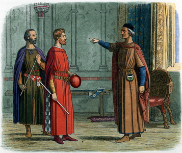 Barons Humphrey (VI) of Bohun (circa 1249-1298) and Roger Bigot opposing the policy of King Edward I of England concerning the financing of military campaigns by taxes, 1297 (Humphrey de Bohun and Roger Bigod (1245-1306), Earl of Norfolk, Lord Marshal of England, confront Edward I (1239-1305), had drawn up a series of complaints known as the Remonstrances, objecting to Edward's right to demand military service and the levels of taxation he was imposing - The confrontation threatened to plunge the kingdom into civil war, but both sides reunited against the threat from Scotland after the king's army was defeated by William Wallace at the Battle of Stirling Bridge, 1297) Illustration from “” A Chronicle-of-England”” by James Doyle, 1864 Private collection