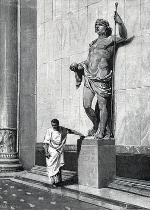 Roman Antiquite: “” Jules Cesar (100-44 BC) a Cadiz, found in the Temple of Hercules (temple of Melqart Gades) the Statue of Alexander the Great in 49 BC” (Julius Caesar standing by the statue of Alexander the great in the Heracles temple of Cadiz 49 BC) Engraving from “Storia di Roma” by Francesco Bertolini